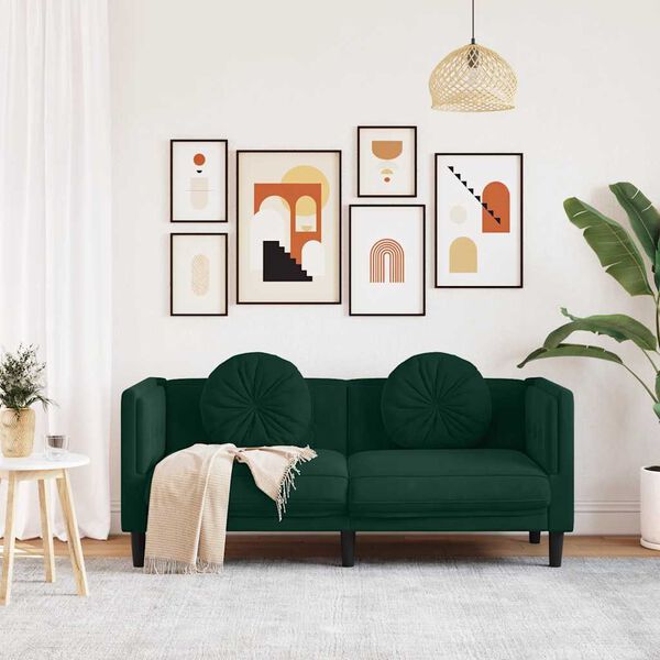 vidaXL Pohovka s polštáři 2místná tmavě zelená samet