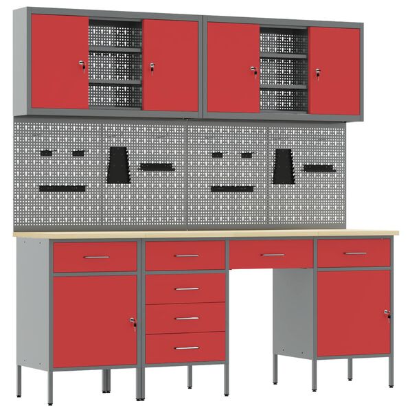 vidaXL Pracovn&iacute; skř&iacute;ň se z&aacute;mkem 10 pcs Červen&aacute; Inžen&yacute;rsk&eacute; dřevo a ocel
