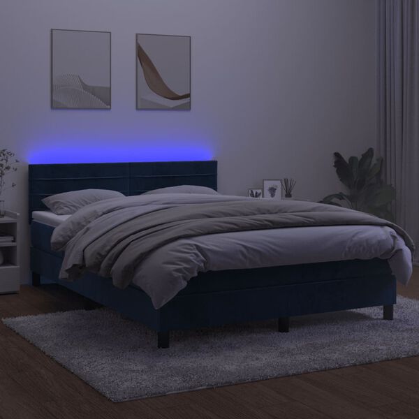 vidaXL Box spring postel s matrac&iacute; a LED tmavě modr&aacute; 140x200 cm samet