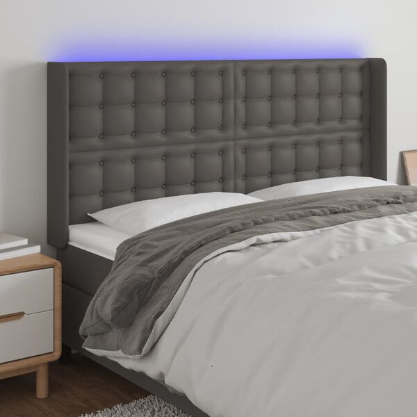 vidaXL Čelo postele s LED &scaron;ed&eacute; 147 x 16 x 118/128 cm uměl&aacute; kůže
