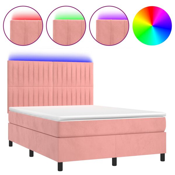 vidaXL Box spring postel s matrac&iacute; a LED růžov&aacute; 140x190 cm samet