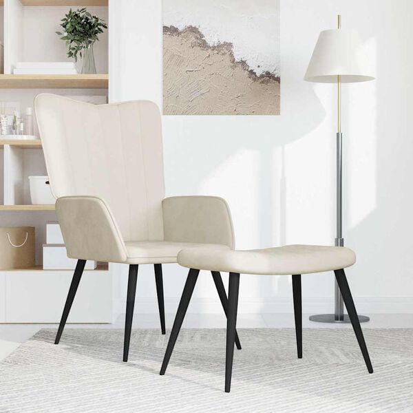 vidaXL Relaxačn&iacute; křeslo se stoličkou kr&eacute;mově b&iacute;l&eacute; samet