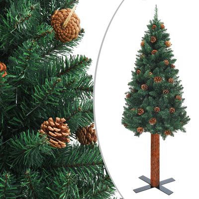 vidaXL Úzký vánoční stromek pravé dřevo a šišky zelený 210 cm PVC