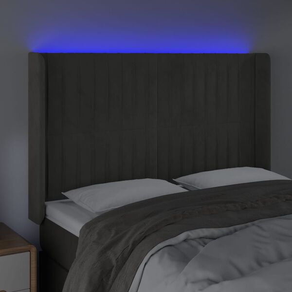 vidaXL Čelo postele s LED tmavě &scaron;ed&eacute; 147 x 16 x 118/128 cm samet