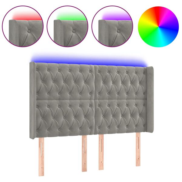 vidaXL Čelo postele s LED světle &scaron;ed&eacute; 163 x 16 x 118/128 cm samet