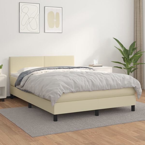 vidaXL Box spring postel s matrac&iacute; kr&eacute;mov&aacute; 140x190 cm uměl&aacute; kůže