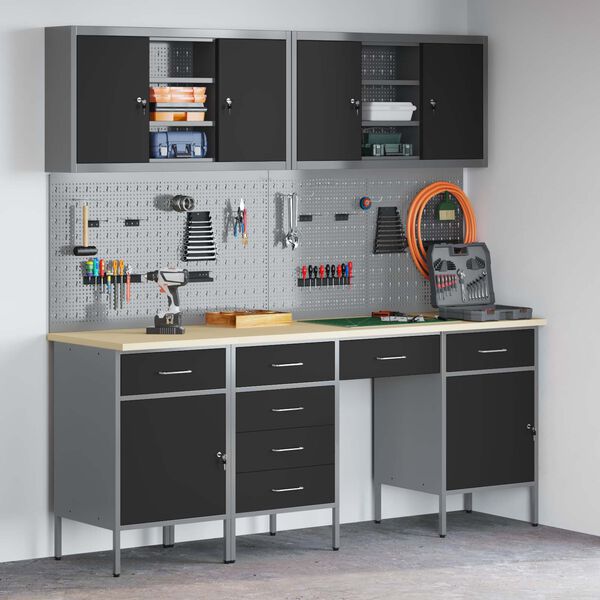 vidaXL Pracovn&iacute; skř&iacute;ň se z&aacute;suvkou 10 pcs Čern&aacute; Inžen&yacute;rsk&eacute; dřevo a ocel