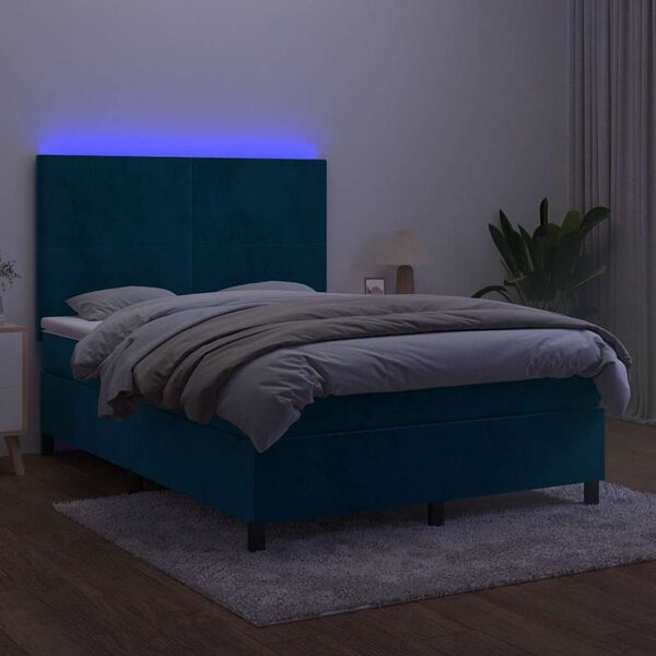 vidaXL Box spring postel s matrac&iacute; a LED tmavě modr&aacute; 140x200 cm samet
