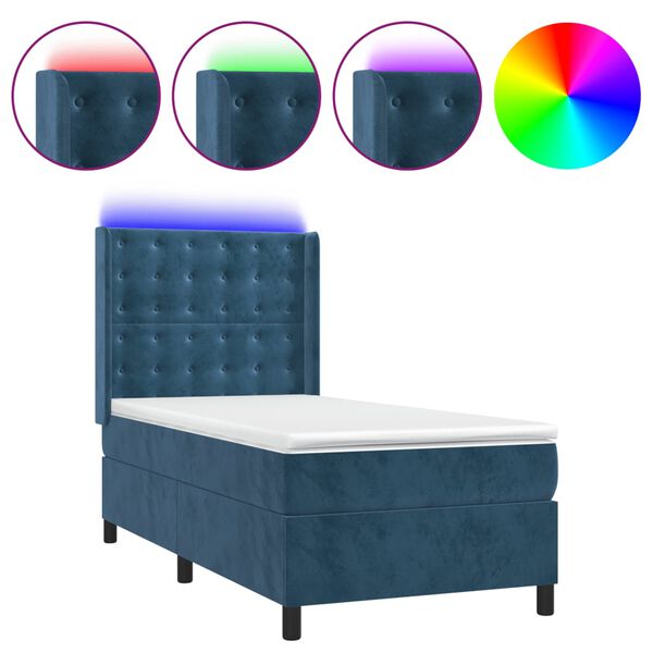 vidaXL Box spring postel s matrac&iacute; a LED tmavě modr&aacute; 90x200 cm samet