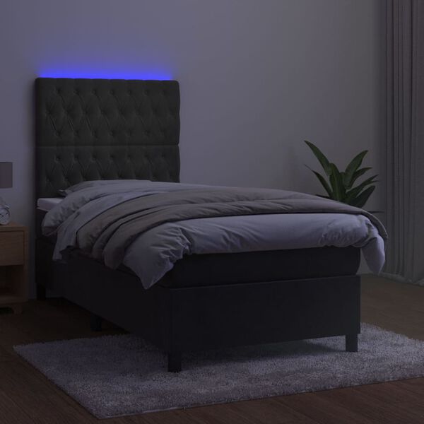 vidaXL Box spring postel s matrac&iacute; a LED tmavě &scaron;ed&aacute; 90x200 cm samet
