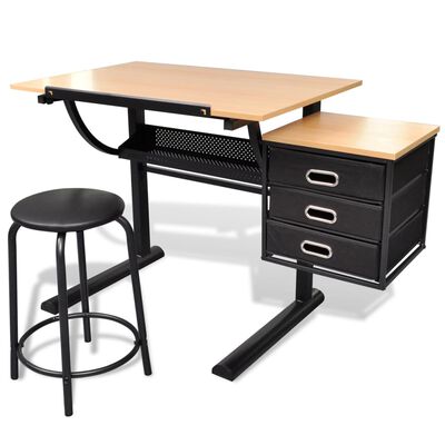 Náklopný kreslicí stůl s židlí a třemi zásuvkami