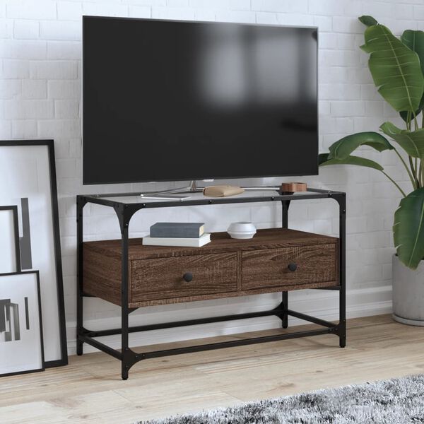 vidaXL TV skř&iacute;ňka se skleněnou deskou kouřov&yacute; dub 80x35x51 cm kompozit