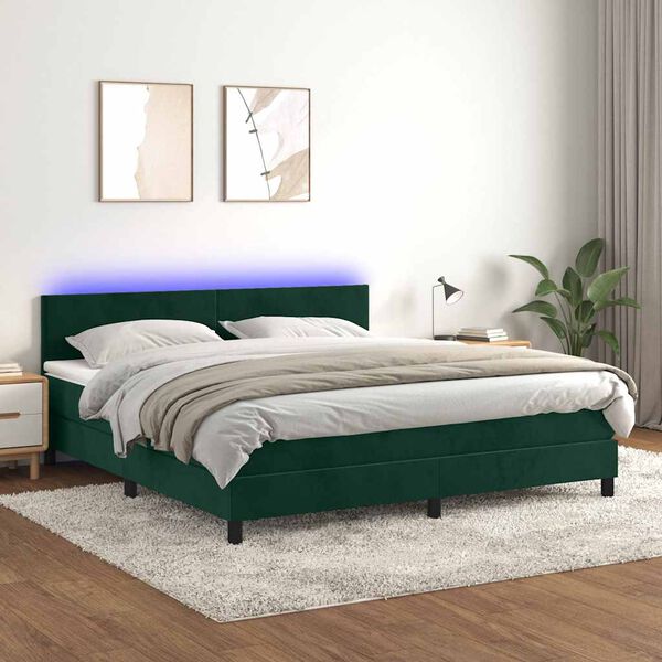 vidaXL Box spring postel s matrac&iacute; a LED tmavě zelen&aacute; 160x200 cm samet
