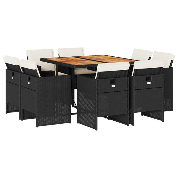 vidaXL 9d&iacute;ln&yacute; zahradn&iacute; j&iacute;deln&iacute; set s podu&scaron;kami čern&yacute; polyratan