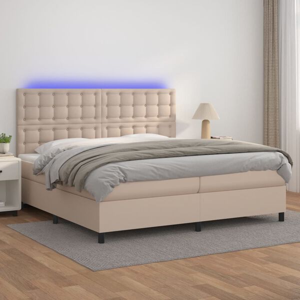 vidaXL Box spring postel matrace a LED cappuccino 200x200cm uměl&aacute; kůže