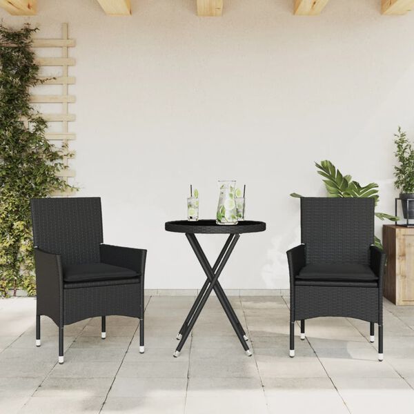 vidaXL 3dílný bistro set s poduškami černý polyratan a sklo