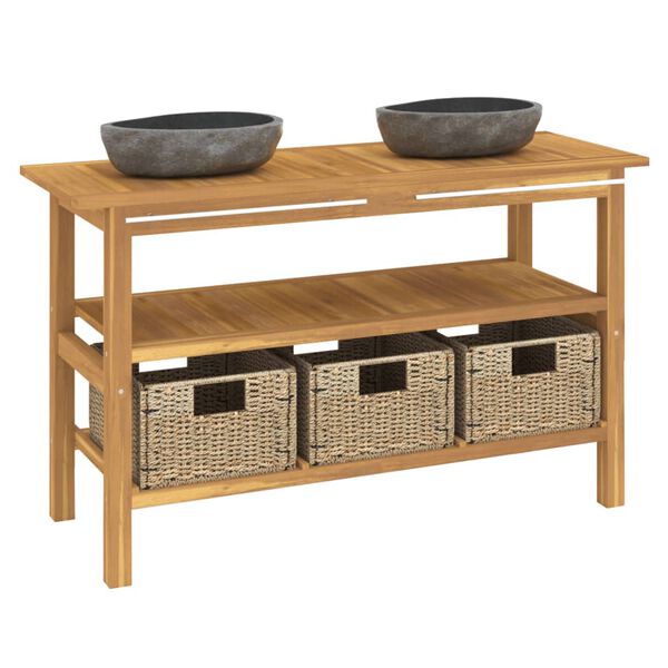 vidaXL Koupelnová skříňka s umyvadly z říčního kamene masivní teak