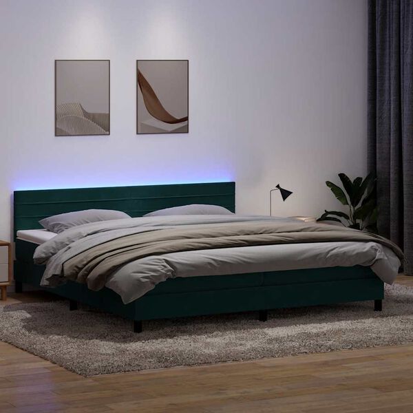 vidaXL Box spring postel s matrac&iacute; a LED tmavě zelen&aacute; 180x220 cm samet