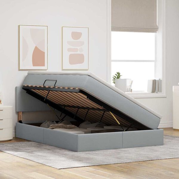 vidaXL Postel s &uacute;ložn&yacute;m prostorem a LED osvětlen&iacute;m Světle &scaron;ed&aacute; textil