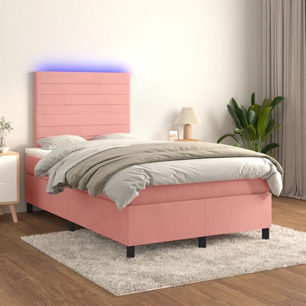 vidaXL Box spring postel s matrac&iacute; a LED růžov&aacute; 120x200 cm samet