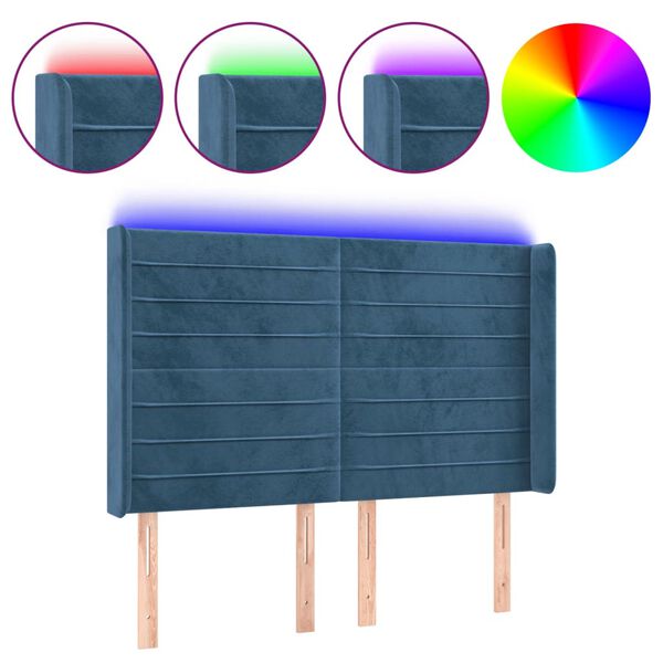 vidaXL Čelo postele s LED tmavě modr&eacute; 147 x 16 x 118/128 cm samet