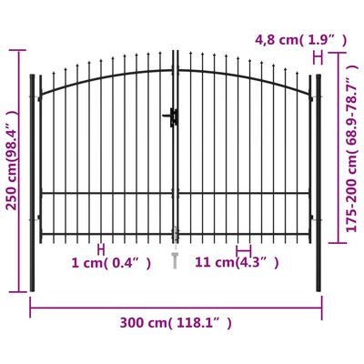 vidaXL Dvoukřídlá zahradní brána s hroty ocelová 3 x 2 m černá