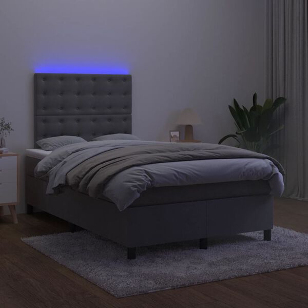 vidaXL Box spring postel s matrac&iacute; a LED tmavě &scaron;ed&aacute; 120 x 190 cm samet