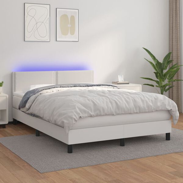 vidaXL Box spring postel s matrac&iacute; a LED b&iacute;l&aacute; 140x200 cm uměl&aacute; kůže