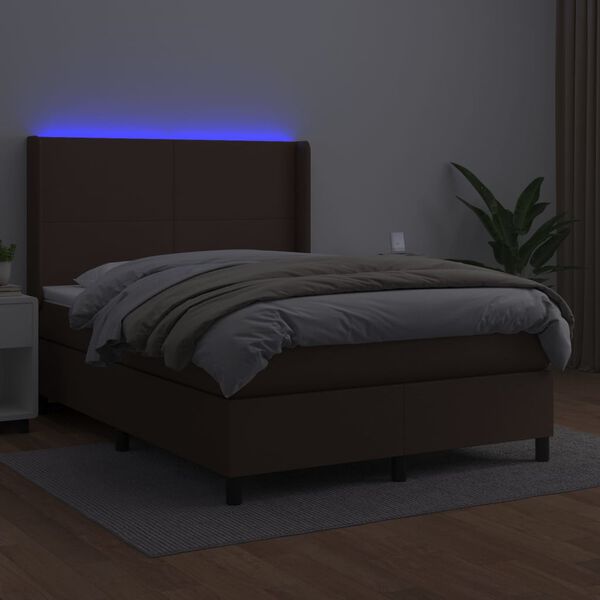 vidaXL Box spring postel s matrac&iacute; a LED hněd&aacute; 140x200 cm uměl&aacute; kůže