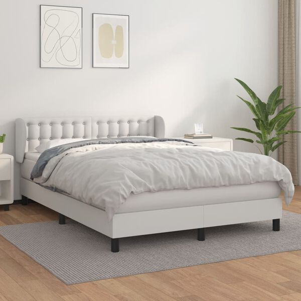 vidaXL Box spring postel s matrac&iacute; b&iacute;l&aacute; 140x200 cm uměl&aacute; kůže