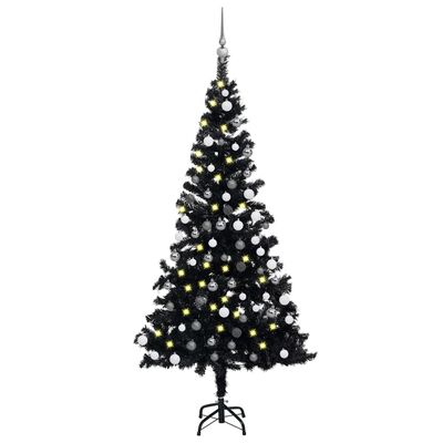 vidaXL Umělý vánoční stromek s LED a sadou koulí černý 180 cm PVC