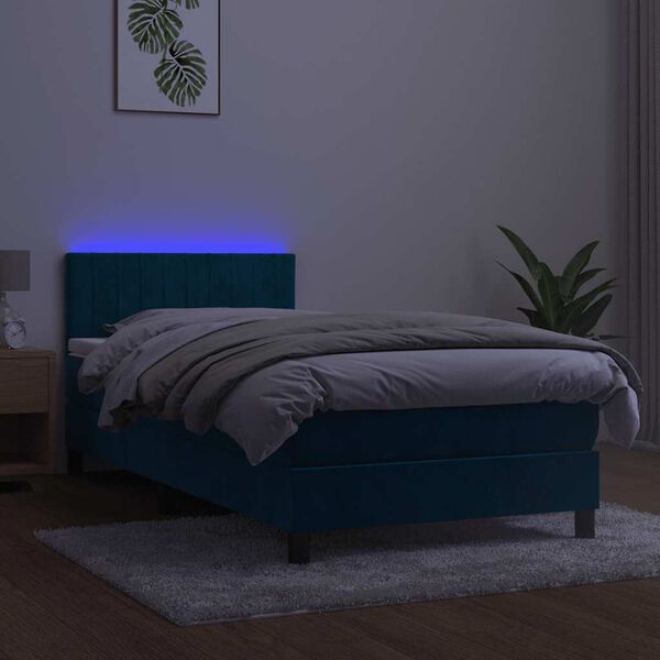 vidaXL Box spring postel s matrac&iacute; a LED tmavě modr&aacute; 90x190 cm samet