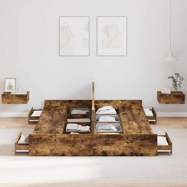 vidaXL R&aacute;m postele s &uacute;ložn&yacute;m prostorem s čelo Kouřov&yacute; dub 150 x 200 cm