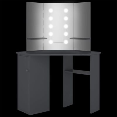 vidaXL Rohový toaletní stolek s LED světlem šedý 111 x 54 x 141,5 cm