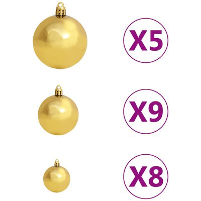 vidaXL Umělý vánoční stromek s LED a sadou koulí zlatý 180 cm PET
