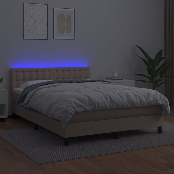vidaXL Box spring postel matrace a LED cappuccino 140x190cm uměl&aacute; kůže