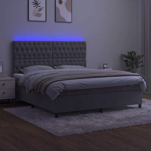 vidaXL Box spring postel s matrac&iacute; a LED světle &scaron;ed&aacute; 180x200 cm samet
