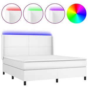 vidaXL Box spring postel s matrac&iacute; a LED b&iacute;l&aacute; 180x200 cm uměl&aacute; kůže