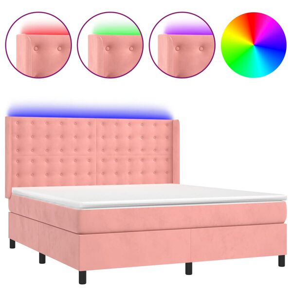 vidaXL Box spring postel s matrac&iacute; a LED růžov&aacute; 160x200 cm samet