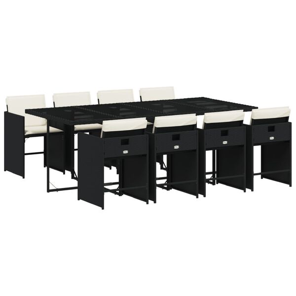 vidaXL 9d&iacute;ln&yacute; zahradn&iacute; j&iacute;deln&iacute; set s podu&scaron;kami čern&yacute; polyratan