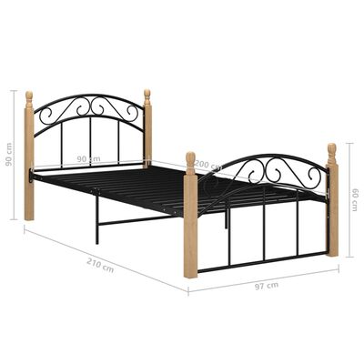 vidaXL Rám postele černý kov a masivní dubové dřevo 90 x 200 cm