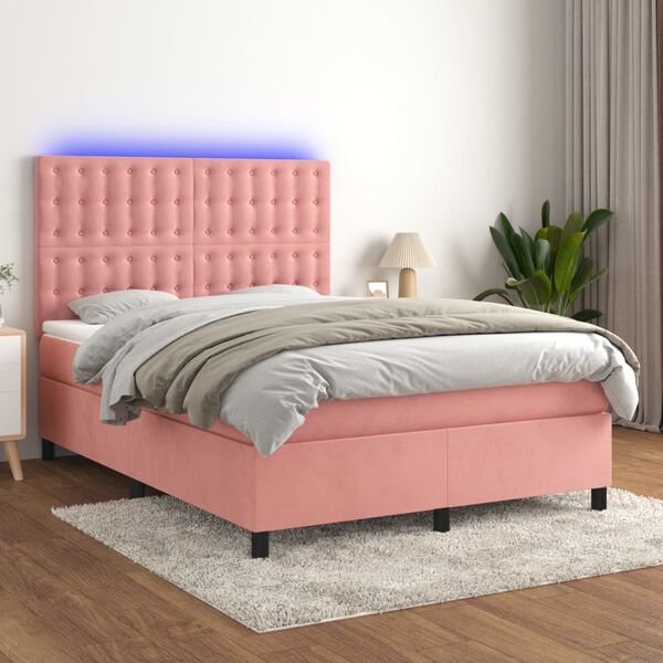 vidaXL Box spring postel s matrac&iacute; a LED růžov&aacute; 140x190 cm samet