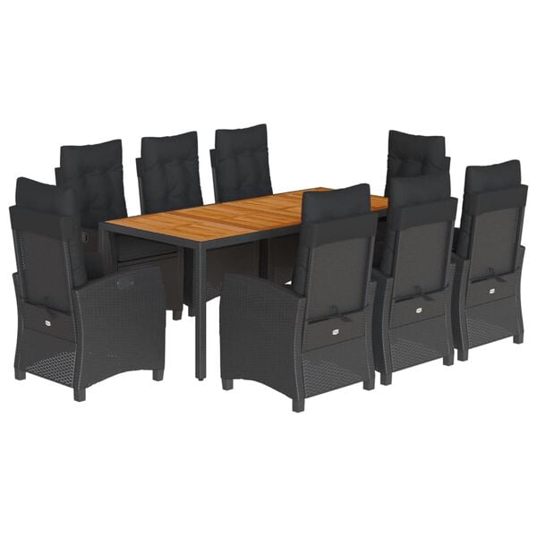 vidaXL 9d&iacute;ln&yacute; zahradn&iacute; j&iacute;deln&iacute; set s podu&scaron;kami čern&yacute; polyratan