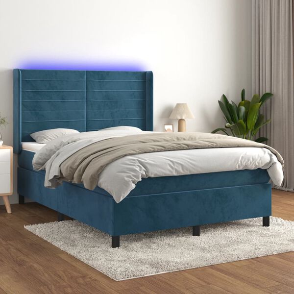 vidaXL Box spring postel s matrac&iacute; a LED tmavě modr&aacute; 140x200 cm samet