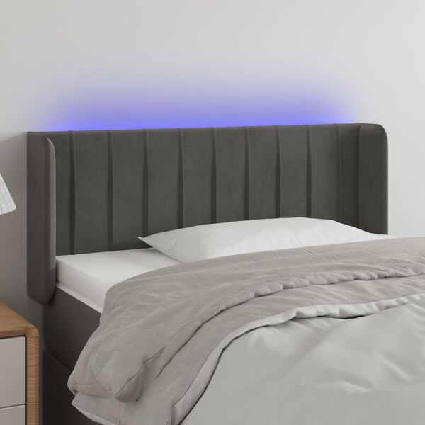 vidaXL Čelo postele s LED tmavě &scaron;ed&eacute; 103 x 16 x 78/88 cm samet