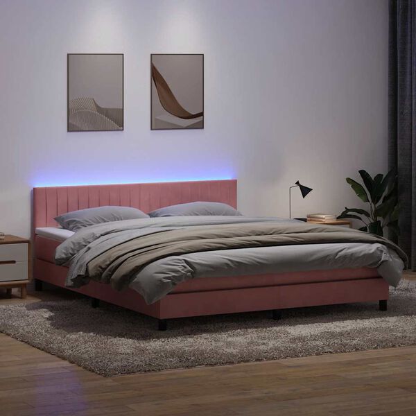 vidaXL Box spring postel s matrac&iacute; a LED růžov&aacute; 180x210 cm samet