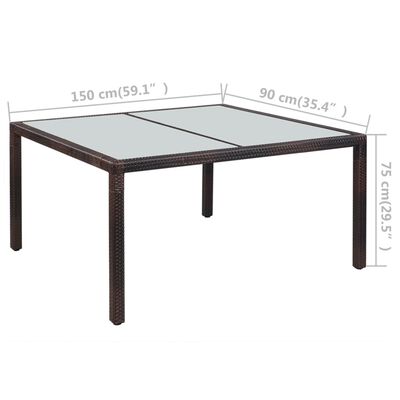 vidaXL Zahradní jídelní stůl polyratan a sklo 150 x 90 x 75 cm hnědý