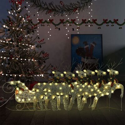 vidaXL Vánoční sobi se sáněmi 140 LED diod venkovní zlatí