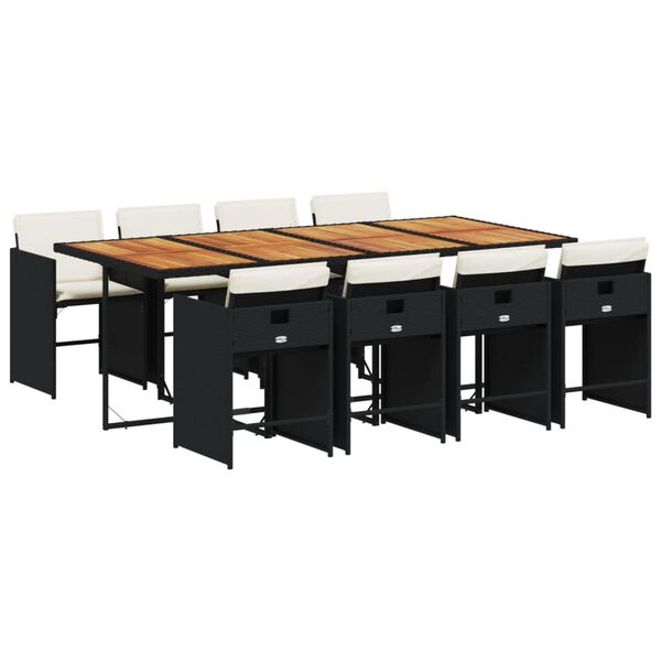 vidaXL 9d&iacute;ln&yacute; zahradn&iacute; j&iacute;deln&iacute; set s podu&scaron;kami čern&yacute; polyratan