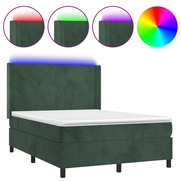 vidaXL Box spring postel s matrac&iacute; a LED tmavě zelen&aacute; 140x200 cm samet